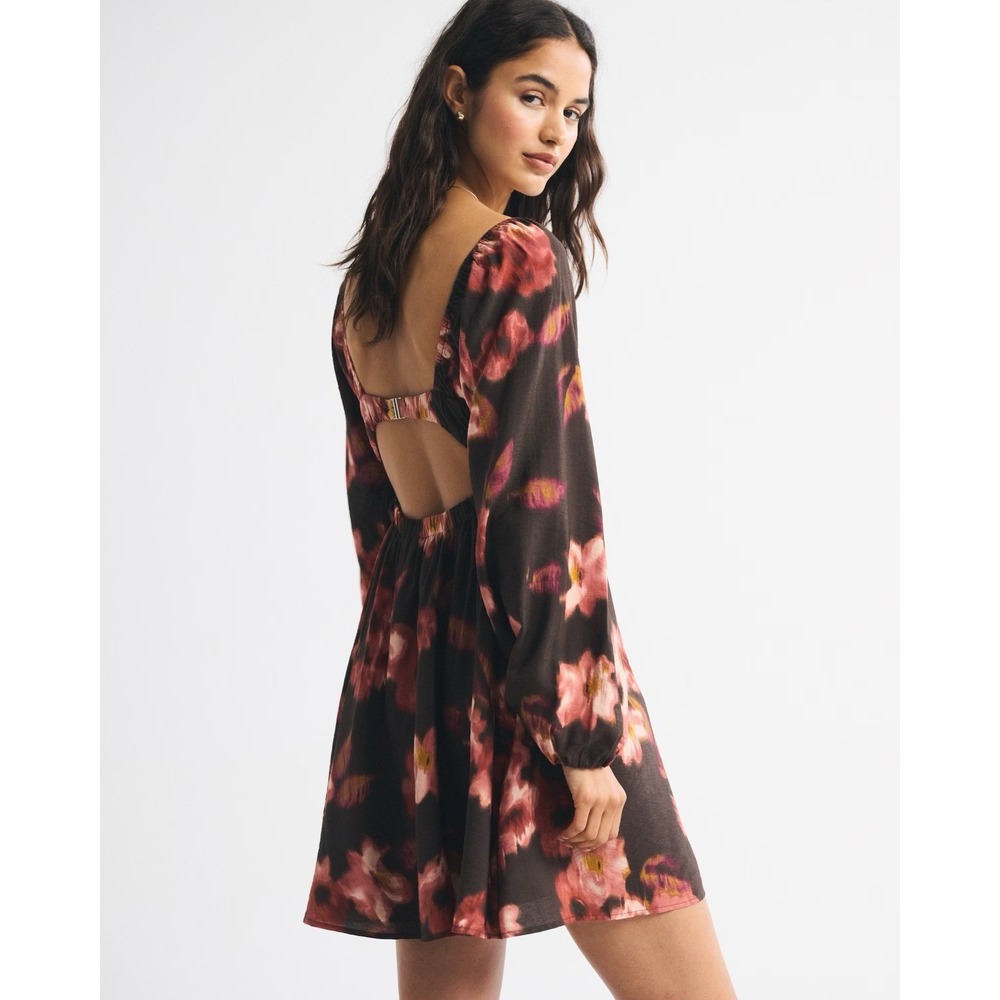 NWT Abercrombie Boho Bra-Free Clasp-Back Flowy Mini Dress Small Floral Brown NEW